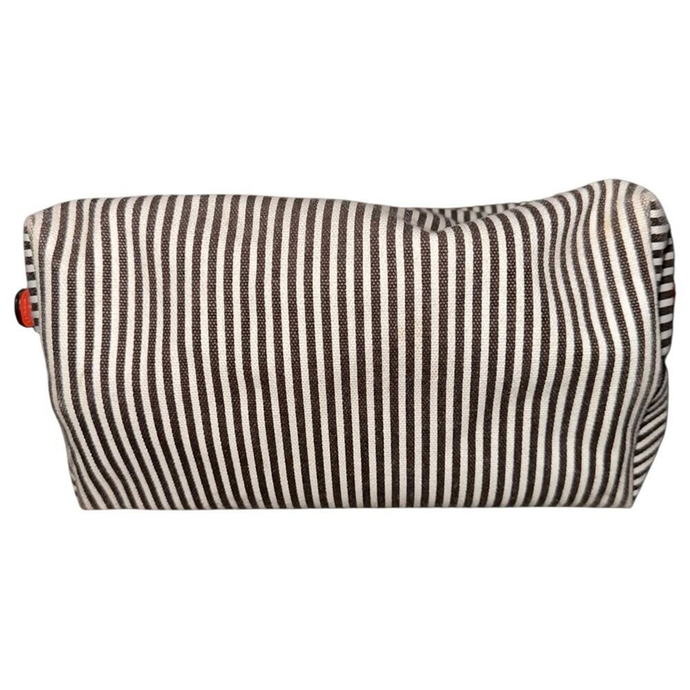 Henri Bendel Large Striped Canvas White Brown Orange Travel Cosmetic Bag Case - Picture 4 of 7